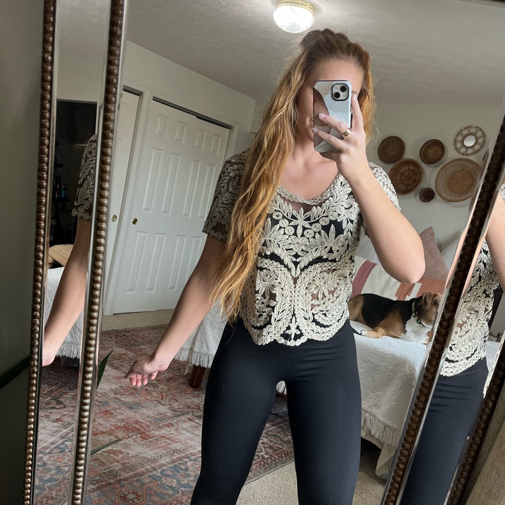 Gold Lace Overlay Sheer Top